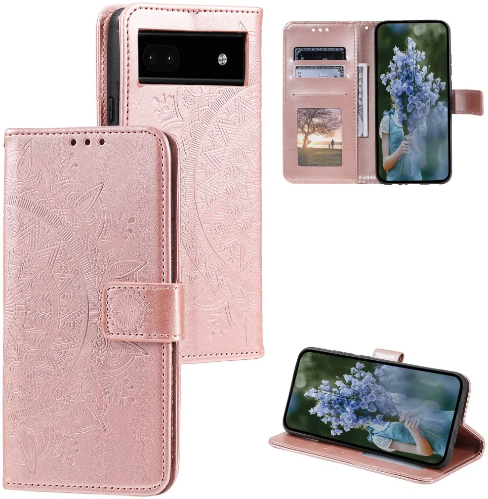 Google Pixel 8a Hoesje Mandala Book Case met Pasjeshouder Roze Goud afbeelding 4