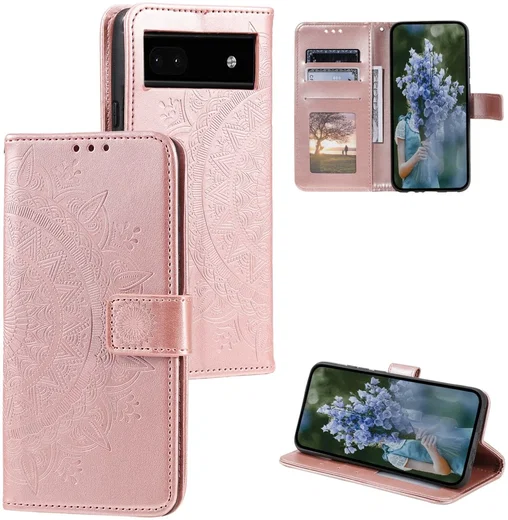 Google Pixel 8a Hoesje Mandala Book Case met Pasjeshouder Roze Goud afbeelding 4
