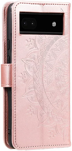 Google Pixel 8a Hoesje Mandala Book Case met Pasjeshouder Roze Goud afbeelding 6