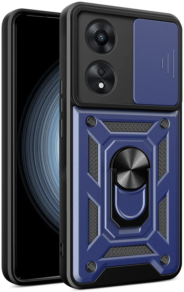 Oppo A58 4G Hoesje met Camera Slider en Kickstand Ring Blauw afbeelding 1