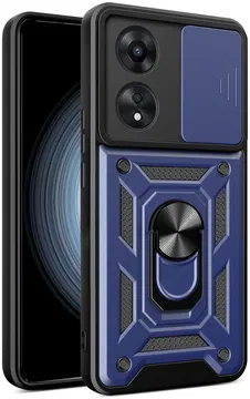Oppo A58 4G Hoesje met Camera Slider en Kickstand Ring Blauw