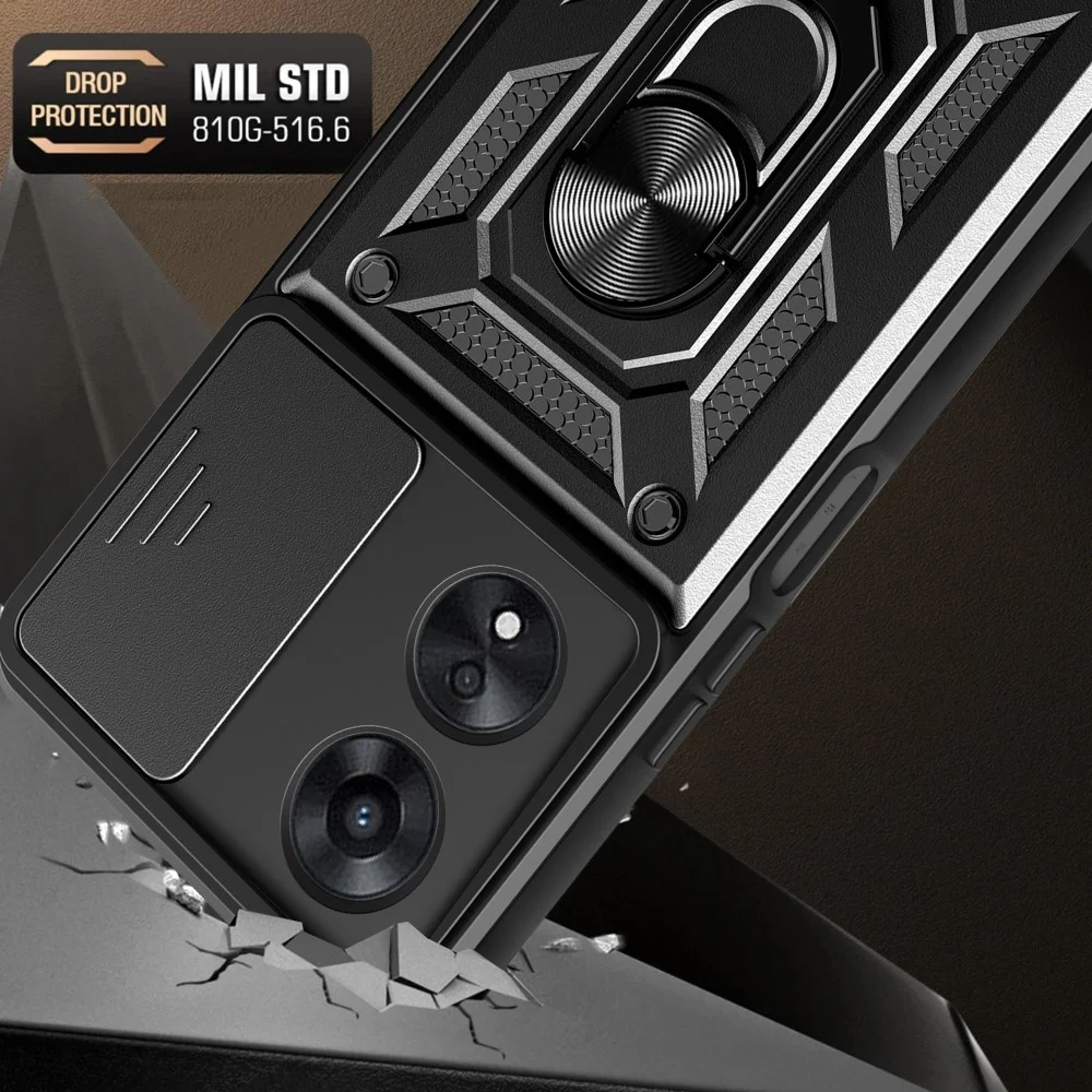 Oppo A58 4G Hoesje met Camera Slider en Kickstand Ring Blauw afbeelding 3