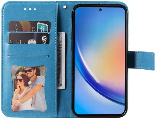 Samsung Galaxy A35 Hoesje Bloemen Book Case met Pasjeshouder Blauw afbeelding 2