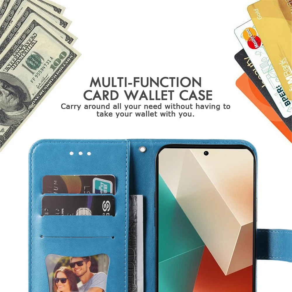 Xiaomi Redmi Note 13 5G Hoesje Bloemen Print Wallet Book Case Blauw afbeelding 3
