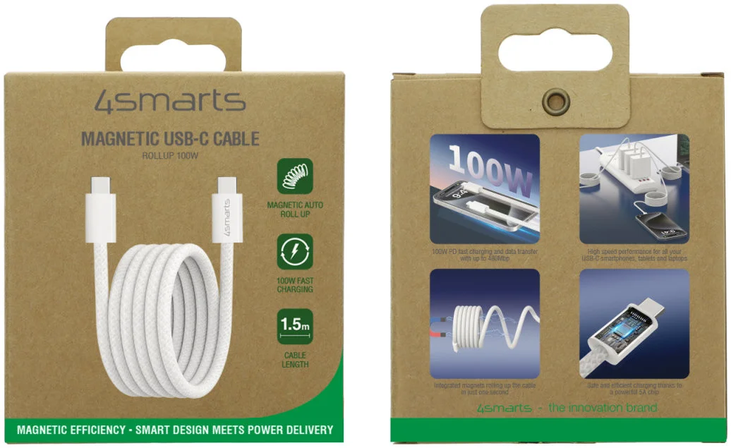4smarts USB-C naar USB-C Magnetische Oplaadkabel 100W RollUp 1.5M Wit afbeelding 8