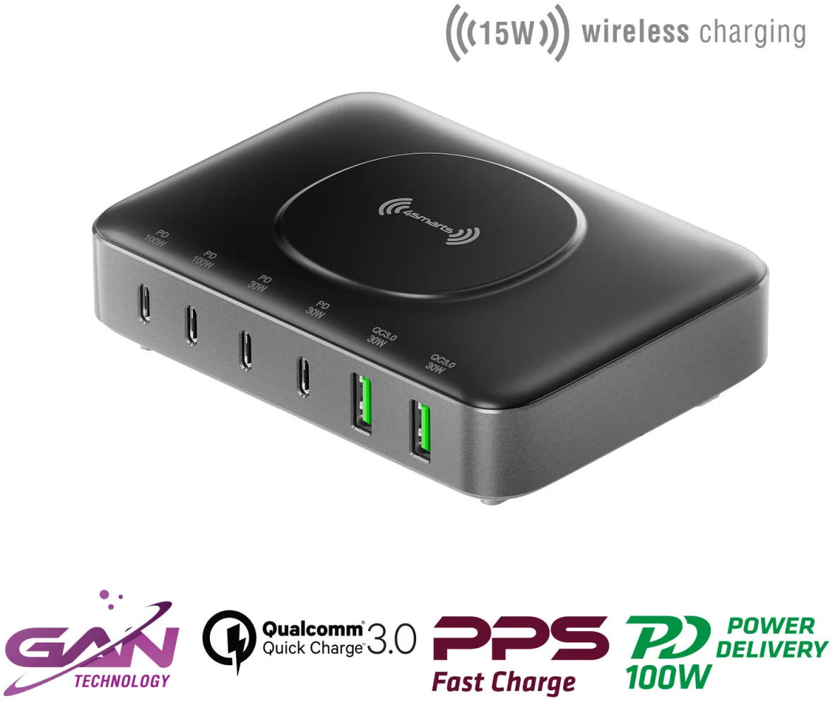 4smarts 100W 7-in-1 GaN Oplaadstation met Draadloos Opladen Zwart afbeelding 2