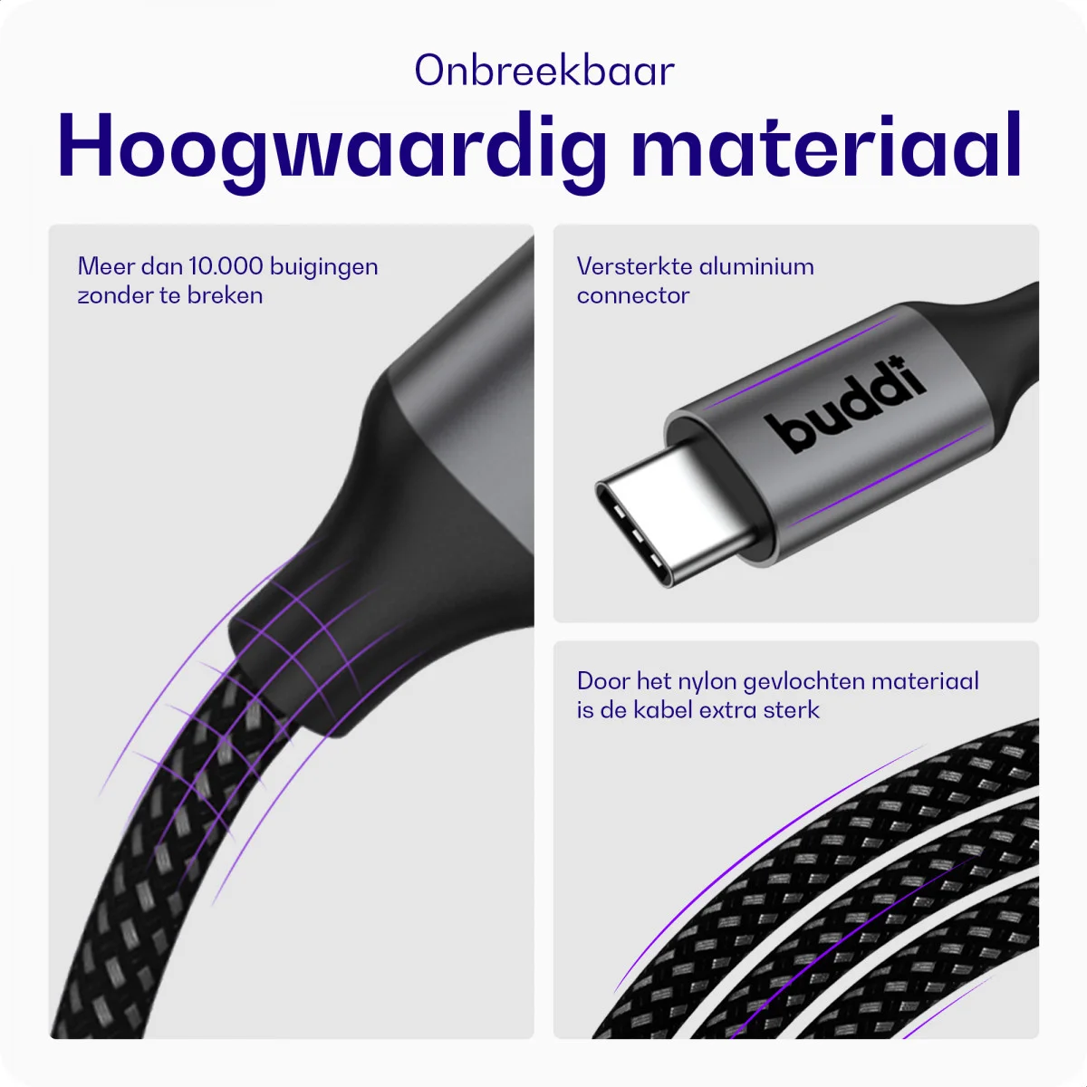 Buddi Flex USB-C naar USB-C Kabel 60W Fast Charge 30cm Zwart afbeelding 3