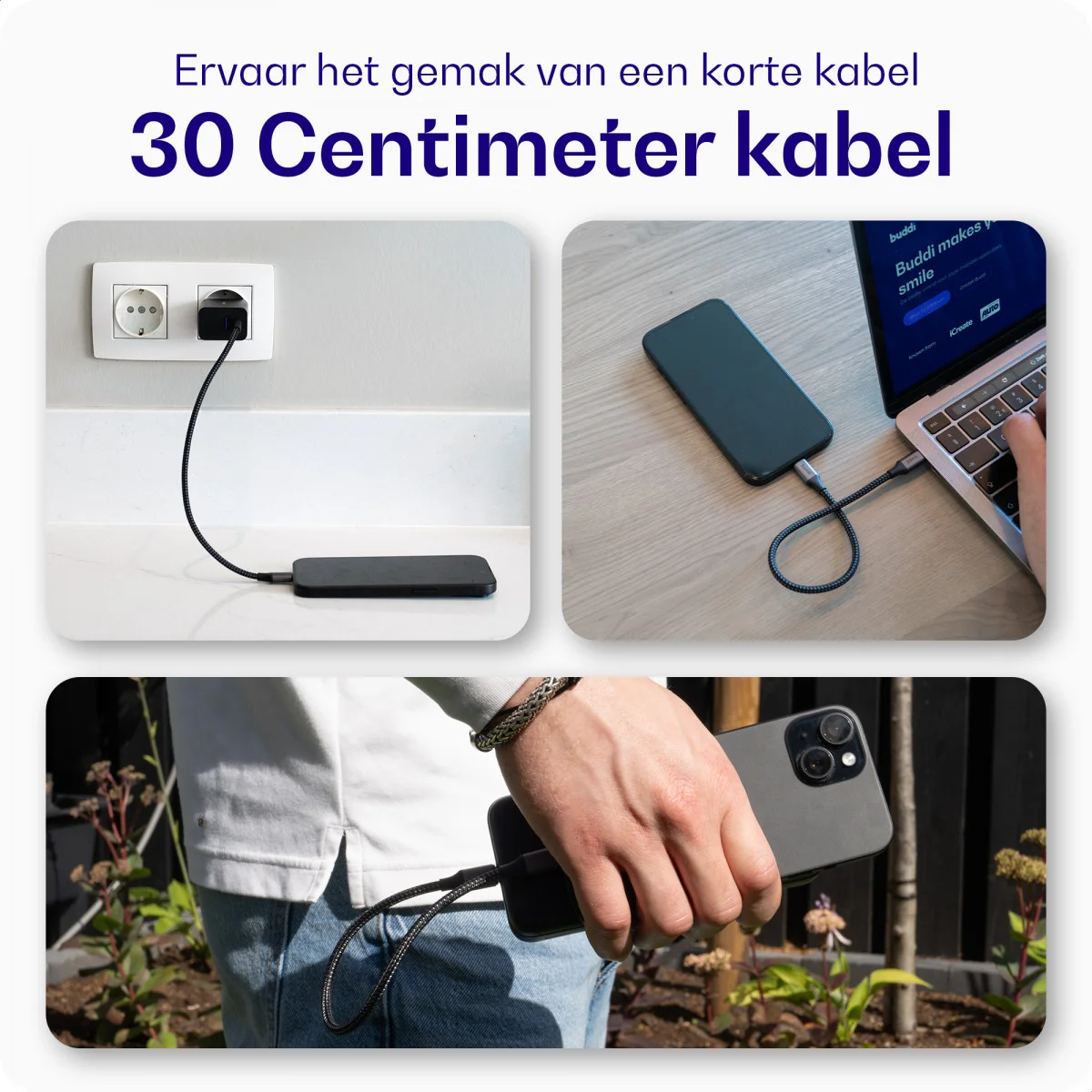 Buddi Flex USB-C naar USB-C Kabel 60W Fast Charge 30cm Zwart afbeelding 2