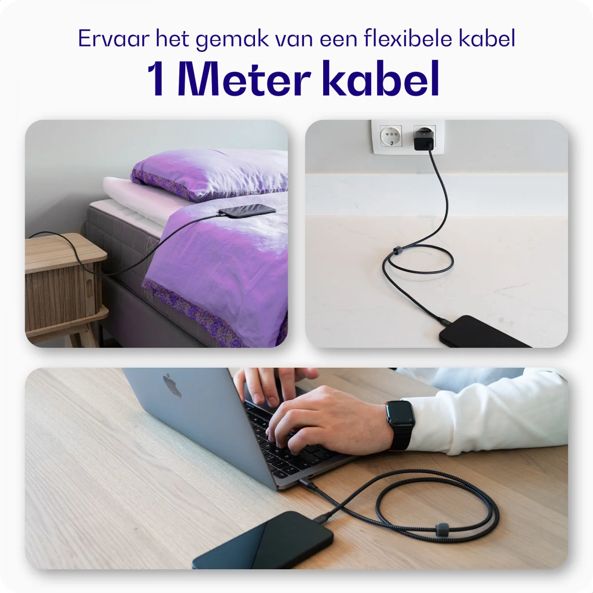 Buddi Flex USB-C naar USB-C Kabel 60W Fast Charge 1M Zwart afbeelding 2