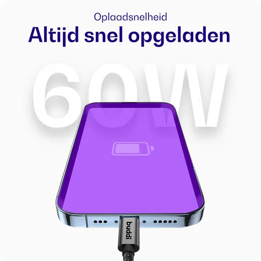 Buddi Flex USB-C naar USB-C Kabel 60W Fast Charge 2M Zwart afbeelding 3