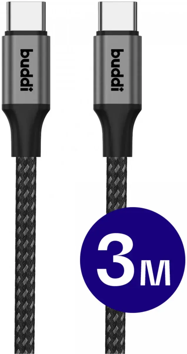 Buddi Flex USB-C naar USB-C Kabel 60W Fast Charge 3M Zwart afbeelding 1