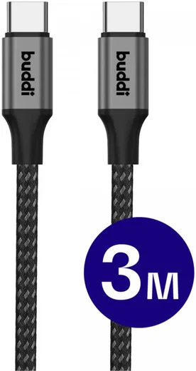 Buddi Flex USB-C naar USB-C Kabel 60W Fast Charge 3M Zwart afbeelding 1