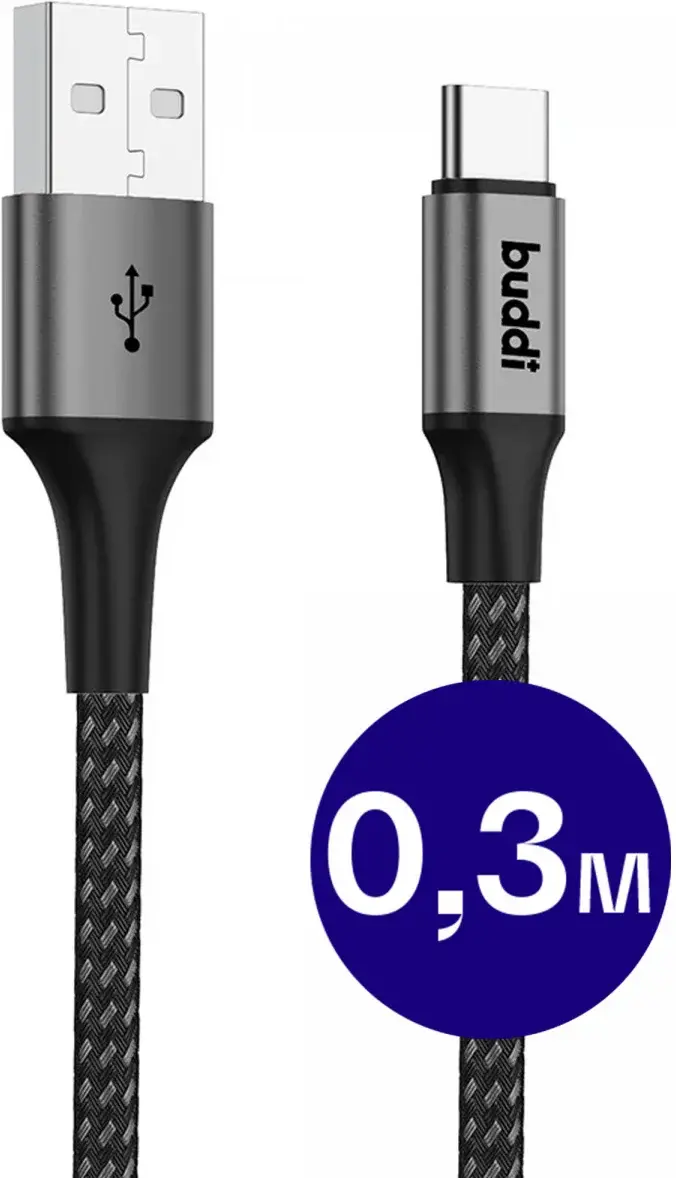 Buddi Flex USB-A naar USB-C Kabel 12W Fast Charge 30cm Zwart afbeelding 1