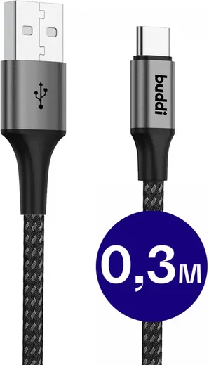 Buddi Flex USB-A naar USB-C Kabel 12W Fast Charge 30cm Zwart afbeelding 1