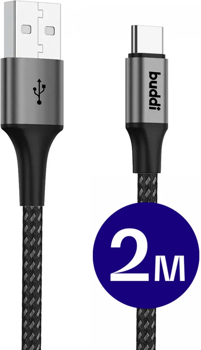 Buddi Flex USB-A naar USB-C Kabel 12W Fast Charge 2M Zwart afbeelding 1