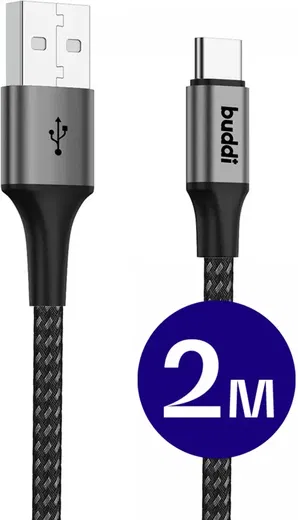 Buddi Flex USB-A naar USB-C Kabel 12W Fast Charge 2M Zwart afbeelding 1