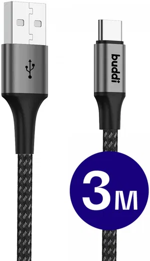 Buddi Flex USB-A naar USB-C Kabel 12W Fast Charge 3M Zwart afbeelding 1