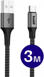 Buddi Flex USB-A naar USB-C Kabel 12W Fast Charge 3M Zwart afbeelding