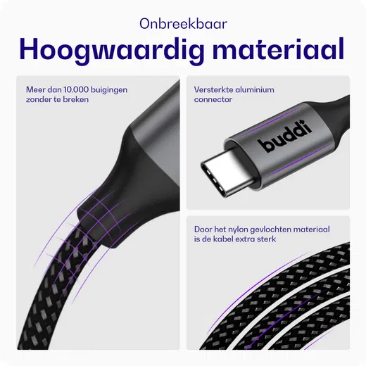 Buddi Flex USB-A naar USB-C Kabel 12W Fast Charge 3M Zwart afbeelding 3
