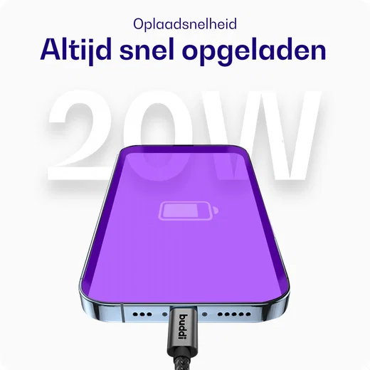 Buddi Flex USB-C naar Lightning Kabel 20W Fast Charge 2M Zwart afbeelding 3