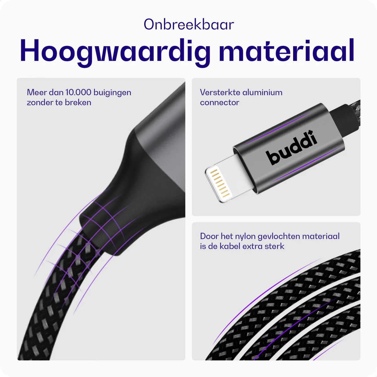 Buddi Flex USB-C naar Lightning Kabel 20W Fast Charge 2M Zwart afbeelding 2