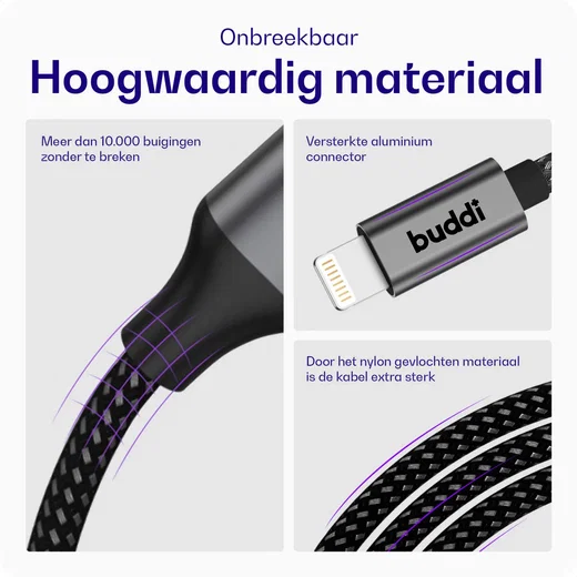 Buddi Flex USB-C naar Lightning Kabel 20W Fast Charge 2M Zwart afbeelding 2