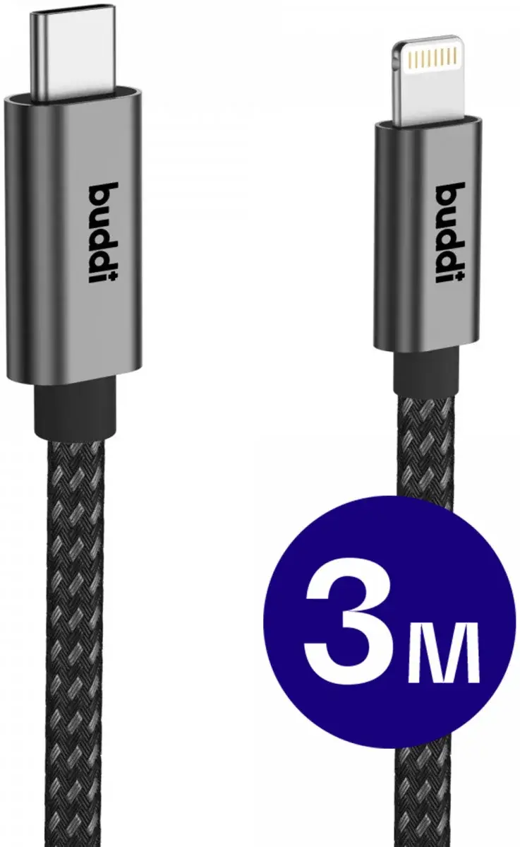 Buddi Flex USB-C naar Lightning Kabel 20W Fast Charge 3M Zwart afbeelding 1