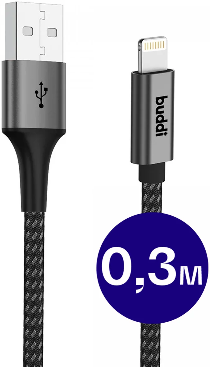 Buddi Flex USB-A naar Lightning Kabel 12W Fast Charge 30CM Zwart afbeelding 1