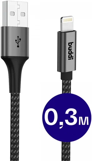 Buddi Flex USB-A naar Lightning Kabel 12W Fast Charge 30CM Zwart afbeelding 1