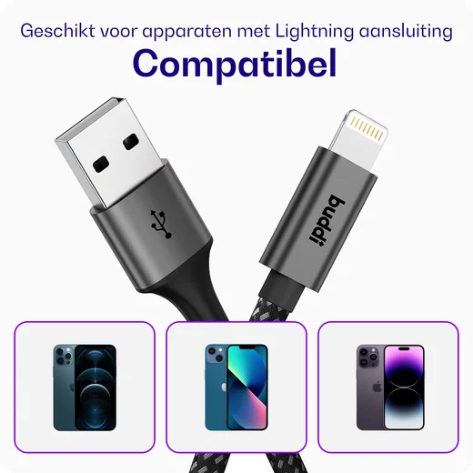 Buddi Flex USB-A naar Lightning Kabel 12W Fast Charge 2M Zwart afbeelding 2