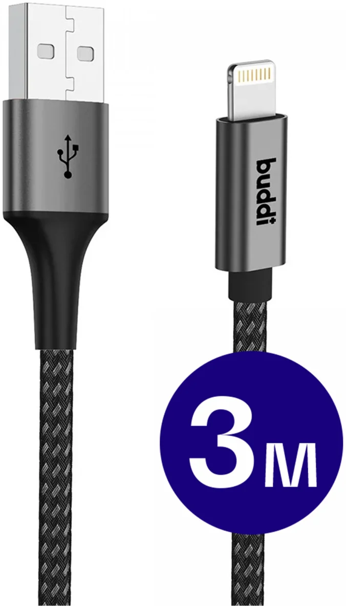 Buddi Flex USB-A naar Lightning Kabel 12W Fast Charge 3M Zwart afbeelding 1