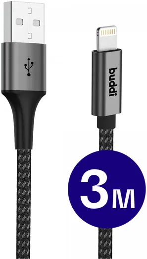 Buddi Flex USB-A naar Lightning Kabel 12W Fast Charge 3M Zwart afbeelding 1