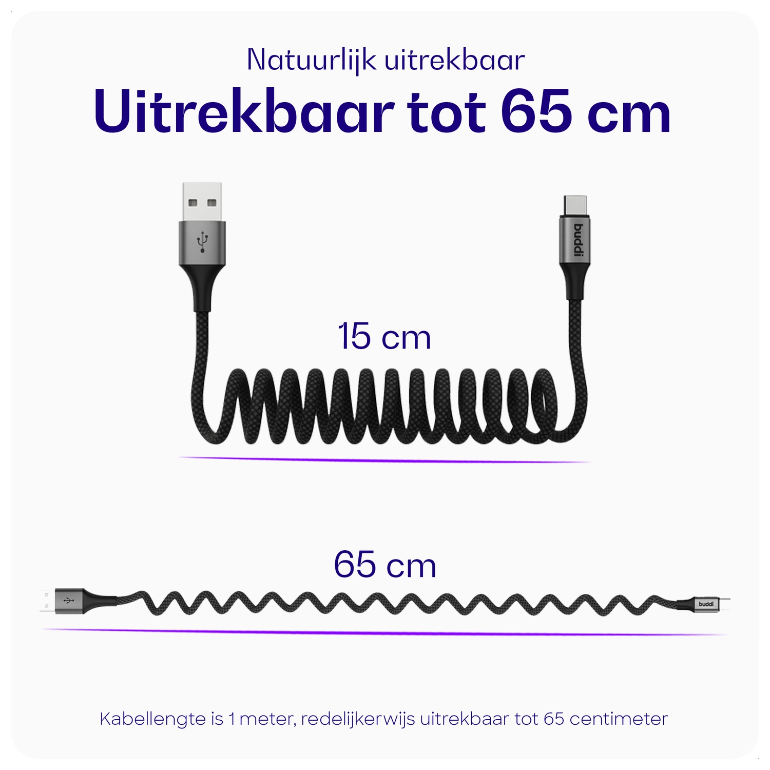 Buddi Flex USB-A naar USB-C Krulsnoer Kabel 12W Fast Charge 1M Zwart afbeelding 3