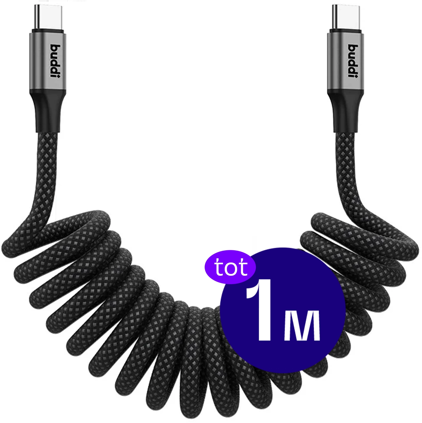 Buddi Flex USB-C naar USB-C Krulsnoer Kabel 60W Fast Charge 1M Zwart afbeelding 1
