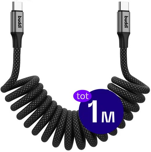 Buddi Flex USB-C naar USB-C Krulsnoer Kabel 60W Fast Charge 1M Zwart afbeelding 1