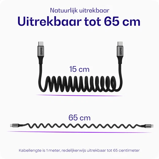 Buddi Flex USB-C naar USB-C Krulsnoer Kabel 60W Fast Charge 1M Zwart afbeelding 3