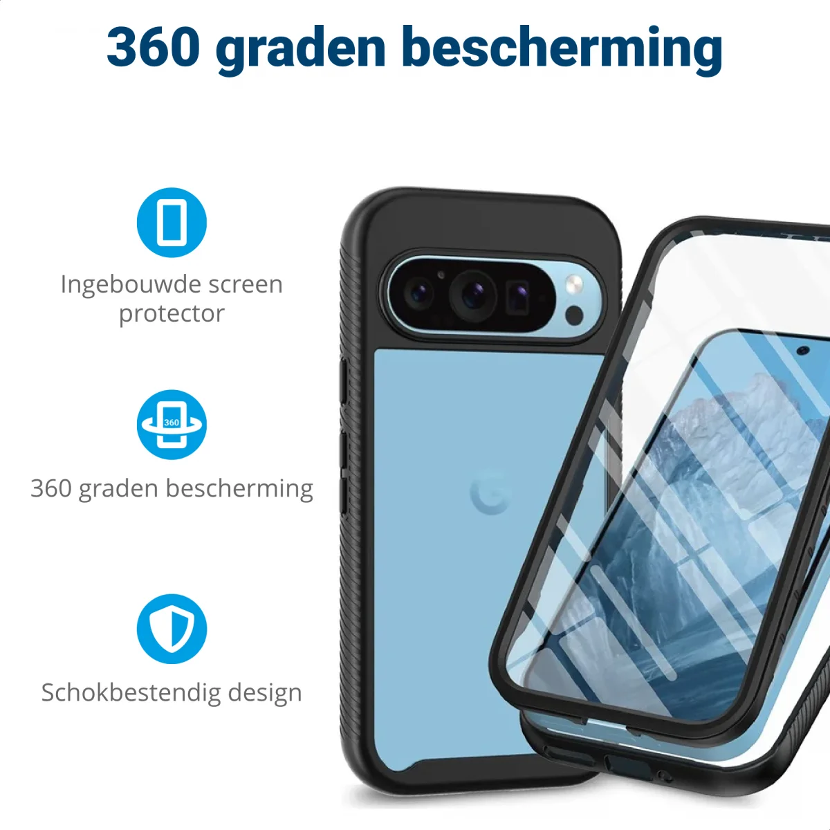 Google Pixel 9 / 9 Pro Hoesje Full Protect 360° Cover Hybride Zwart afbeelding 2