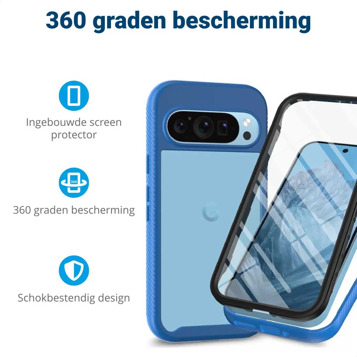Google Pixel 9 Pro XL Hoesje Full Protect 360° Cover Hybride Blauw afbeelding 2
