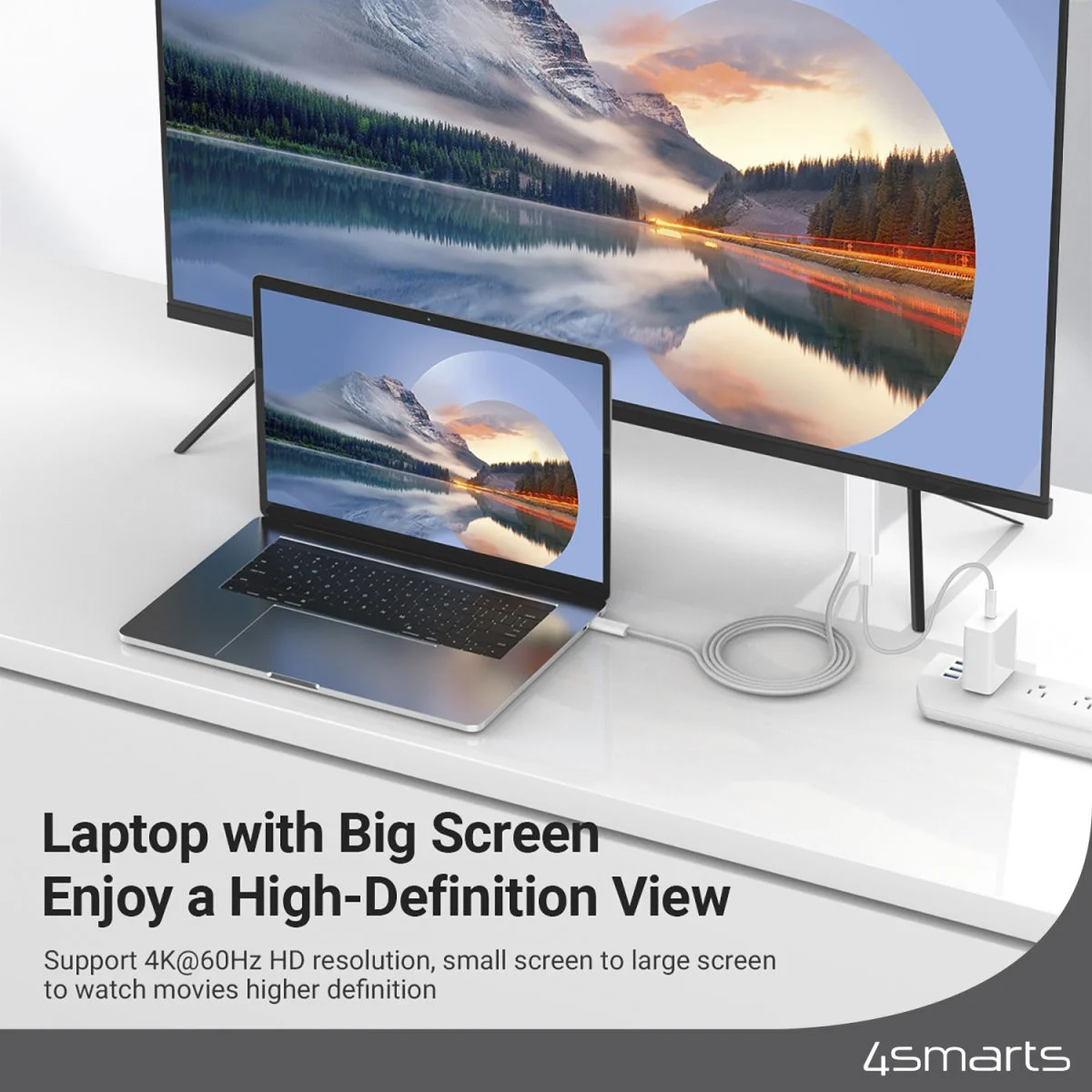 4smarts USB-C naar HDMI Video Kabel 4K 60Hz (100W) 2 Meter Wit afbeelding 5