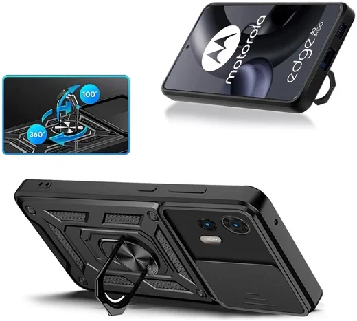 Motorola Edge 30 Neo Hoesje met Camera Slider en Kickstand Ring Zwart afbeelding 2