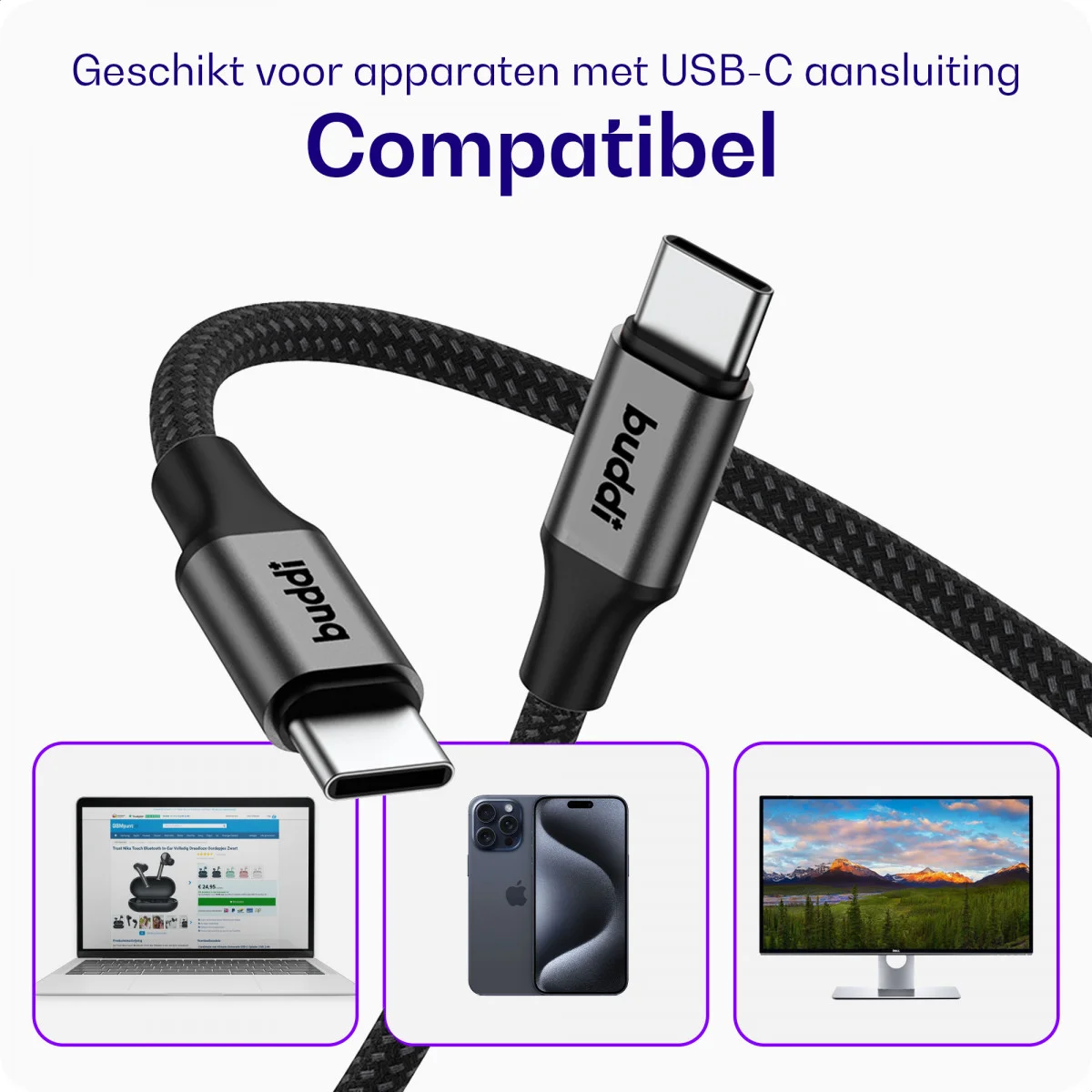 Buddi Flex USB-C naar USB-C 8K@60Hz Video Monitor Kabel 1.5M 20 Gbps afbeelding 3