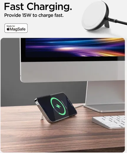 Spigen MagFit Draadloze MagSafe Oplader 15W met Kickstand Zwart afbeelding 4
