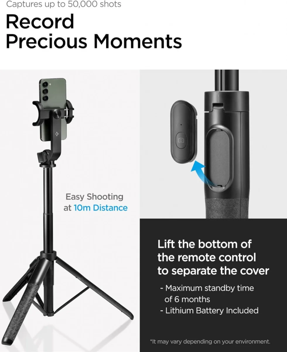Spigen Universeel Smartphone Tripod Statief / Bluetooth Selfie Stick Zwart afbeelding 6
