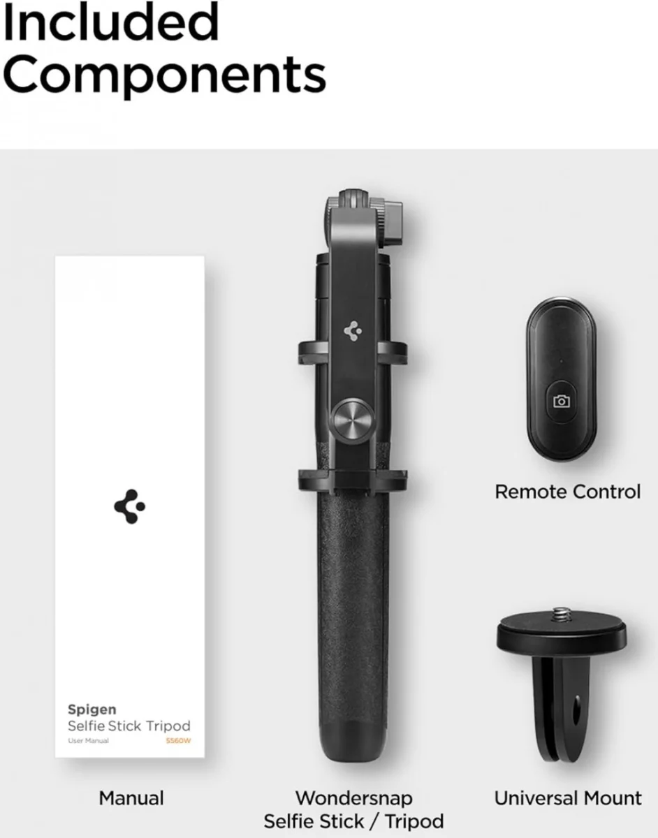 Spigen Universeel Smartphone Tripod Statief / Bluetooth Selfie Stick Zwart afbeelding 7