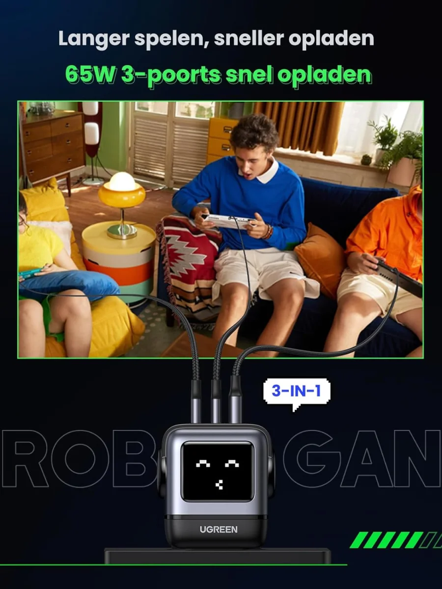 UGREEN Nexode RG GaN Oplader 65W Fast Charger 2x USB-C 1x USB-A afbeelding 2