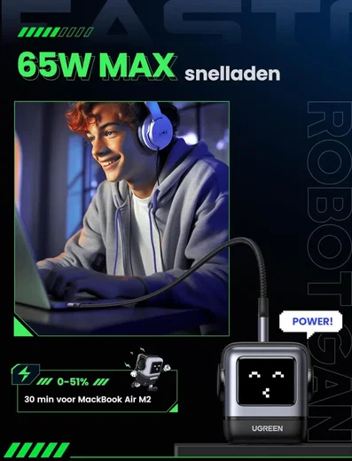 UGREEN Nexode RG GaN Oplader 65W Fast Charger 2x USB-C 1x USB-A afbeelding 6