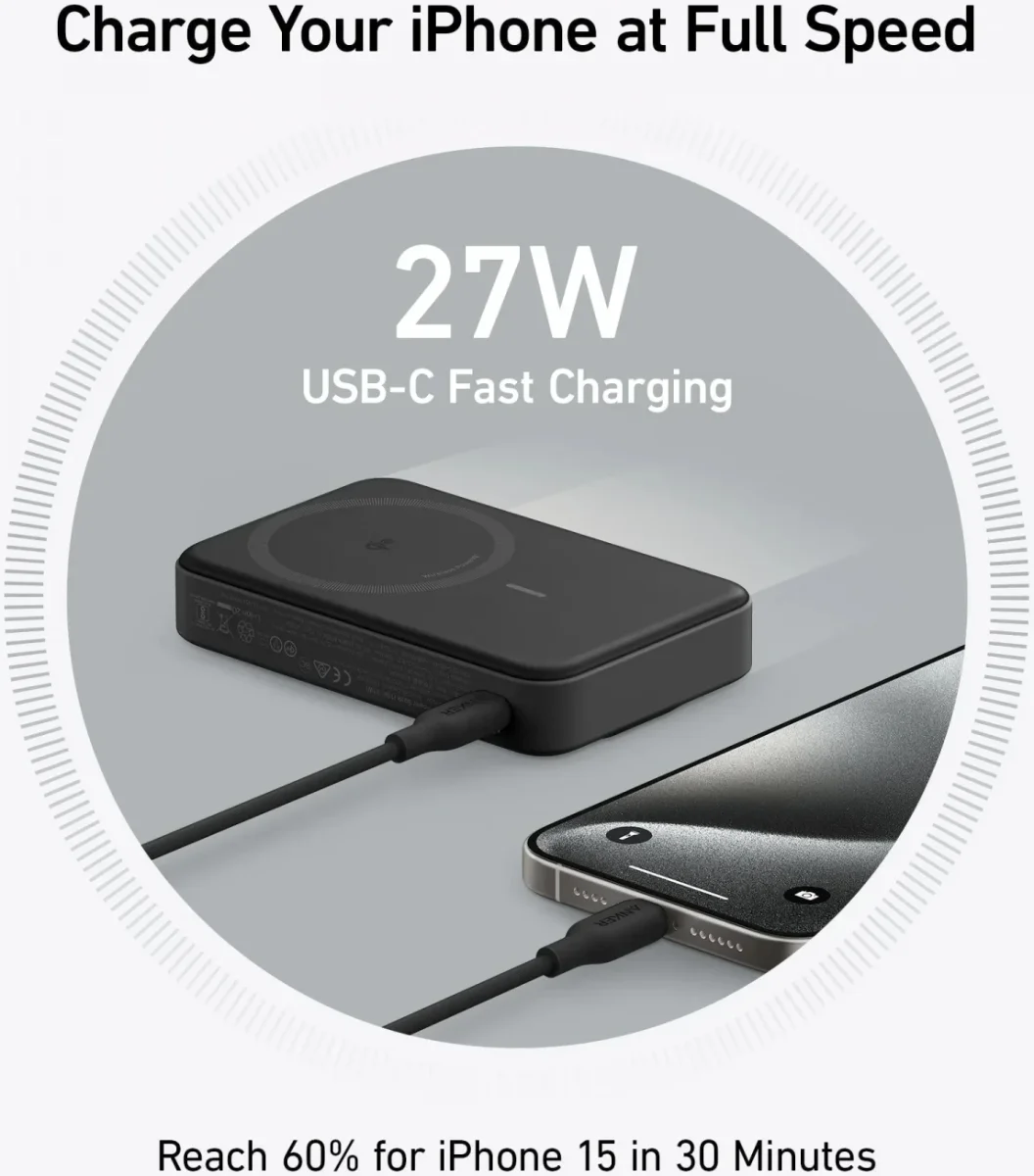 Anker MagGo Qi2 / MagSafe Powerbank met 27W USB-C Poort 10.000 mAh Zwart afbeelding 12
