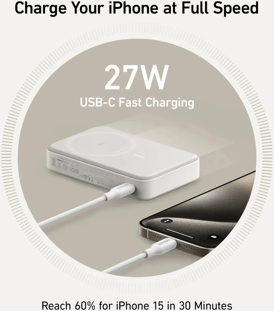 Anker MagGo Qi2 / MagSafe Powerbank met 27W USB-C Poort 10.000 mAh Wit afbeelding 5