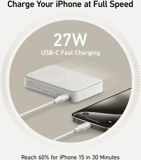 Anker MagGo Qi2 / MagSafe Powerbank met 27W USB-C Poort 10.000 mAh Wit afbeelding 5