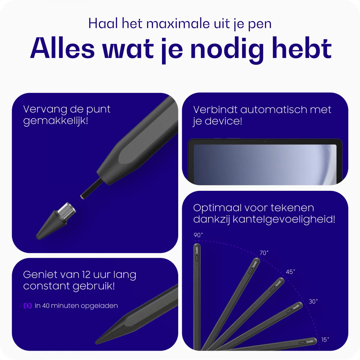 Buddi Flow Universele Actieve Stylus Pen met USB-C Poort Zwart afbeelding 2